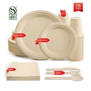 100% Compostable Paper Plates, 175 PCS ECO-Friendly Plates with Utensils Set